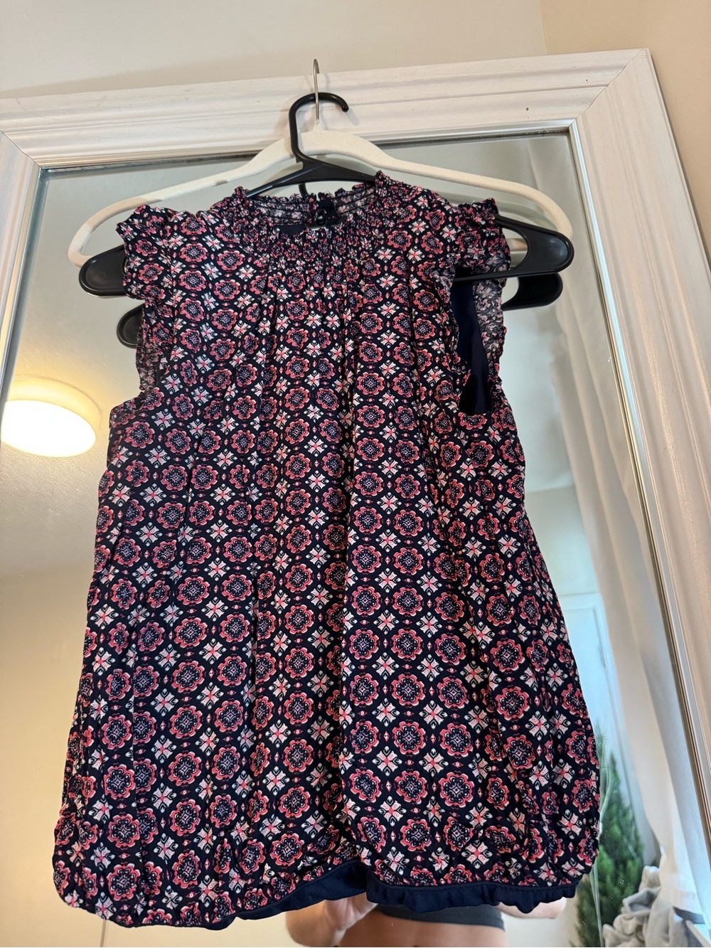 THML Navy and Pink Printed Ruffle Neck Sleeveless Top